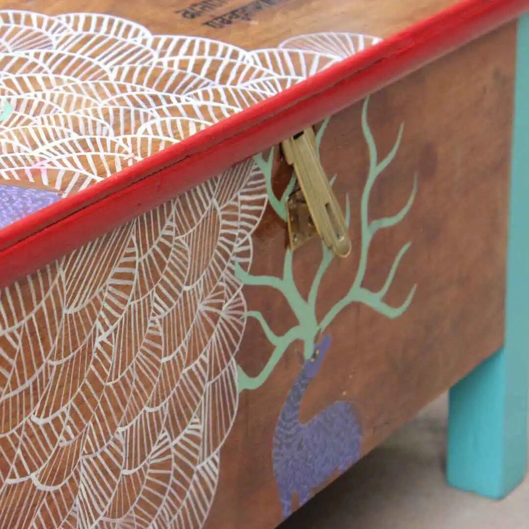 Gond Deer Munim Desk | Upcycled Furniture 6 Upcycld Art Vintage Munshi Desk Gond Art 06